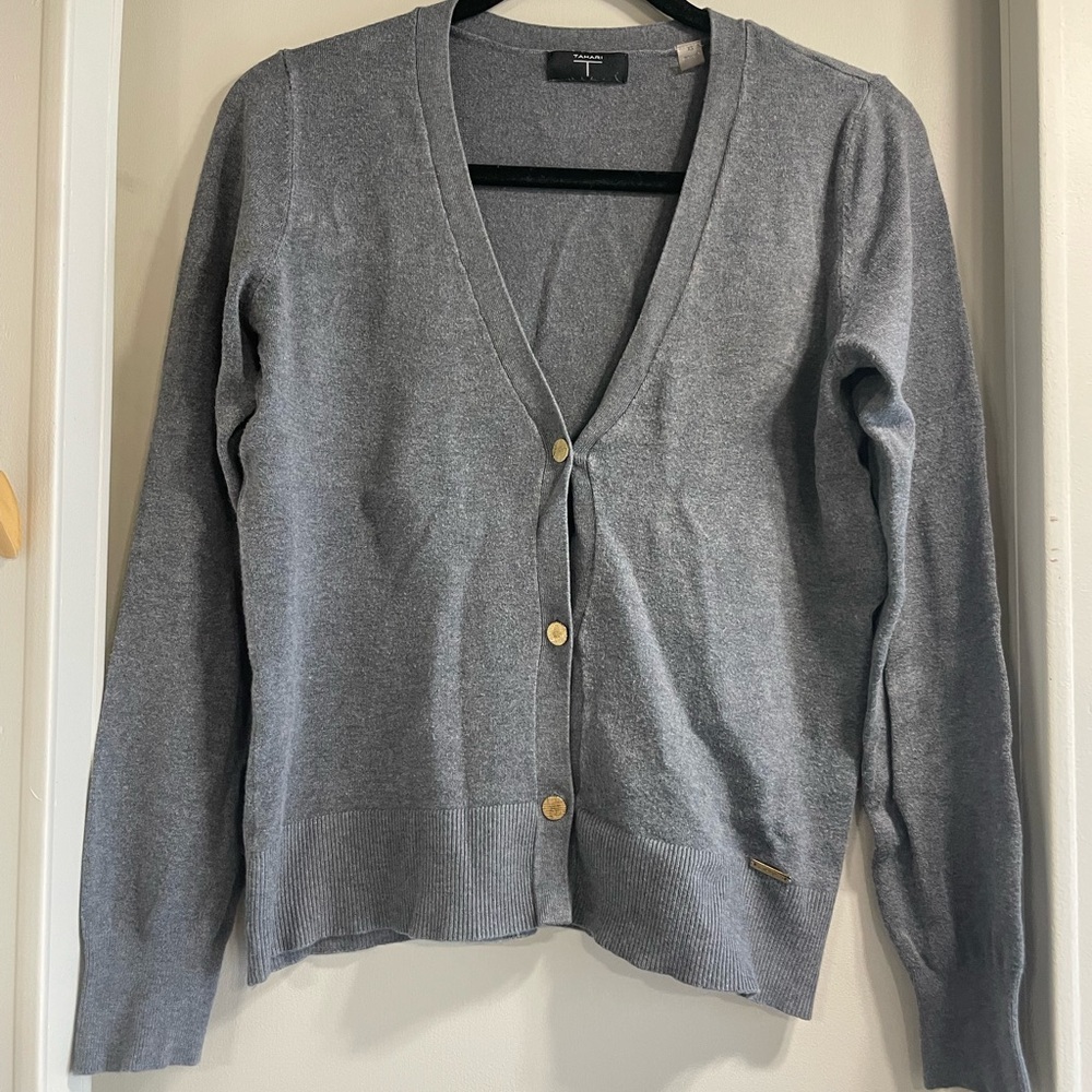 Tahari Women's Gray V-Neck Button Cardigan Sweater